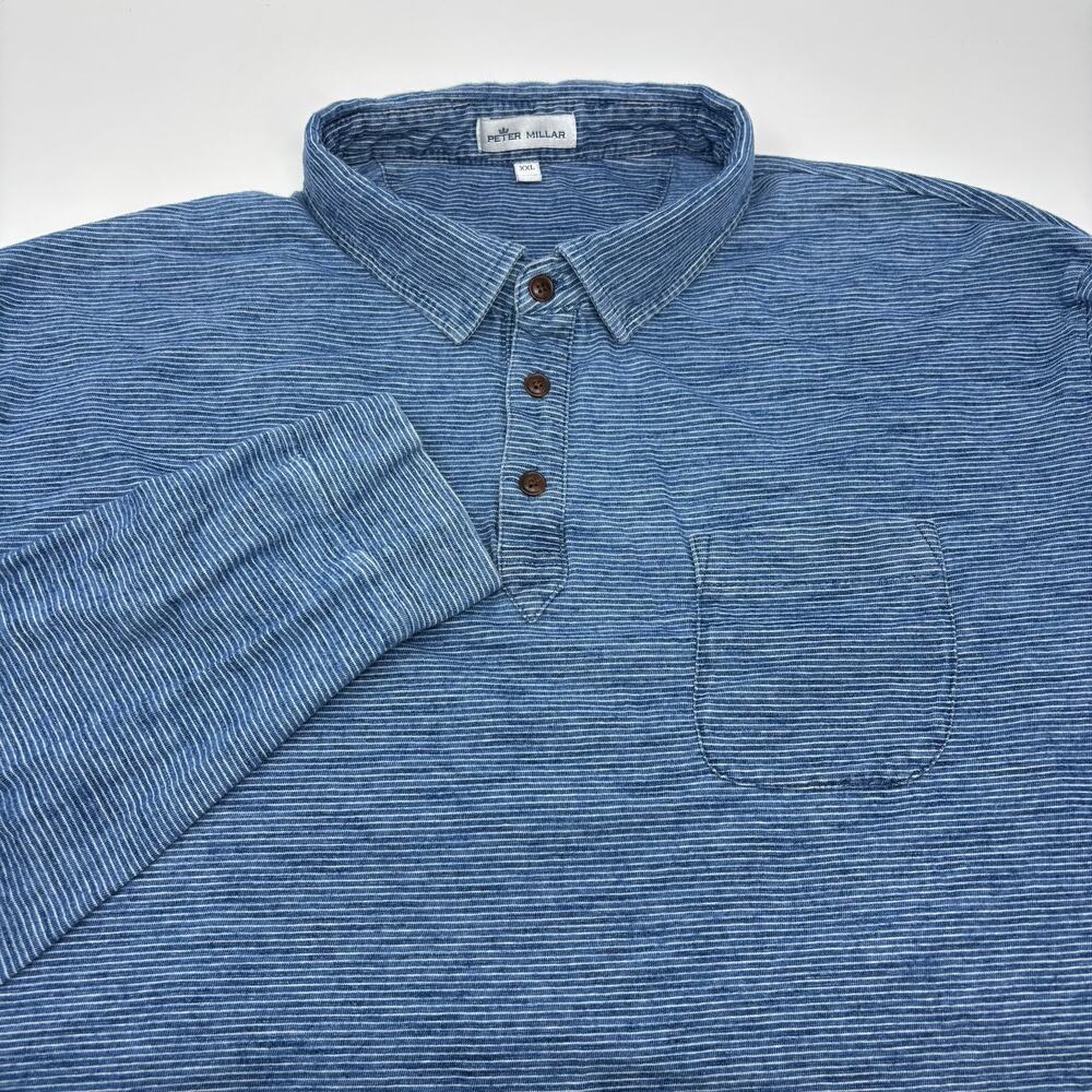 Peter Millar Mens 2XL Blue‎ White Striped Long Sleeve Cotton Polo Shirt